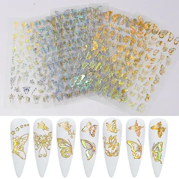 1 adet Holografik 3D Kelebek Nail Art Etiketler Yapışkanlı Kaydırıcılar Renkli DIY Altın Tırnak Transferi Çıkartmaları Folyo Sarar Süslemeleri