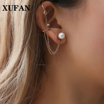  1 Adet Moda Kore Altın Renk Uzun Püskül Zincir inci küpeler Kadınlar için kulak klipsi Tek Küpe Kulak Kemik Klip Takı