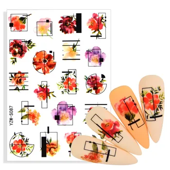 1 Sayfalık Çiçekler Geometrik Çizgiler Tırnak Su Çıkartmaları Bahar Basit Tema Çiçek Yaprakları Filigran Sticker Nail Art Dekorasyon