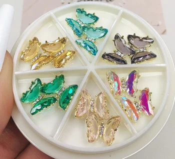 12 Adet / kutu Kelebek Kristal Tırnak Süslemeleri Aurora Rhinestone Akrilik UV Nail Art Alaşım Manikür Kristal Süs Cam Takılar