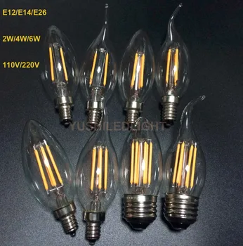2 Adet / grup kısılabilir LED filaman mum şeklinde ampul E14 E12 E27 COB Lamba Süper Parlak 2W 4W 6W Sıcak Beyaz 2700K Edison Ampul