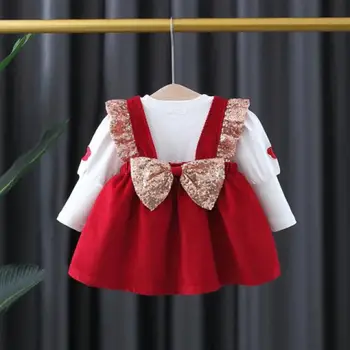 2022 İlkbahar Sonbahar Bebek Kız giyim setleri Uzun Kollu T-Shirt + Pullu Yelek Elbise 2 Adet Takım Elbise Toddler Doğum Günü Partisi Kostüm 0-4T
