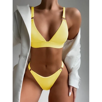 2022 Seksi Bikini Kadınlar Mayo Nervürlü Yüzük Push Up Mayo Katı bikini seti Yaz Plaj Brezilya Biquini Yüzmek Mayo