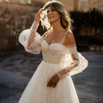 2022 Sevgiliye Puf Kollu Boncuk Spagetti Sapanlar A-Line Tül Lace Up Geri düğün elbisesi gelinlikler