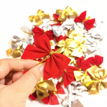 24 adet Noel Yaylar Altın Gümüş Kırmızı İlmek Noel Ağacı Süsler Yeni Yıl Hediyeleri Mini Yaylar El Sanatları için Noel Düğün Parti DIY