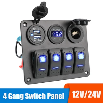 4 Gang LED Rocker anahtarı Paneli dijital Voltmetre USB şarj devre kesici ışık geçiş 12V 24V araba RV Camper Karavanlar