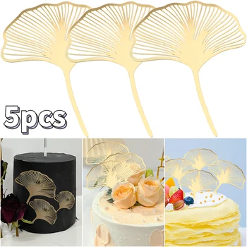 5 adet Akrilik Altın Ginkgo Yaprakları Kek Topper Mutlu Doğum Günü Pastası Topper Pişirme Aksesuarları Parti Malzemeleri Kek Dekorasyon Araçları