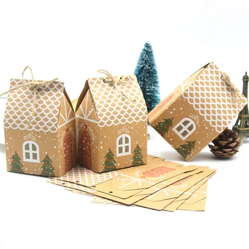 5 ADET Kahverengi Kraft Kağıt Hediye Kutuları Noel Ev Şekli Şeker Torbaları Çocuklar DIY Zanaat Çerez Çanta Ambalaj Kutuları Noel Ağacı Kolye