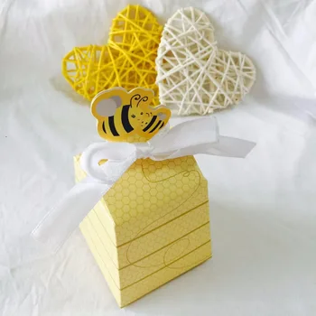 50 adet / grup Sarı Arı bal Şekeri Şeker Kutuları Hediye Kutusu için Beyaz Kurdeleler ile Bebek Duş / Doğum Günü İyilik ve Hediyeler Çocuklar Parti