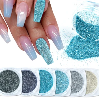 6 adet Karışık Glitter Kumlu Toz Nail Art Sparkly Rhinestone Pigment Pudra şekeri Holo Glitter Mavi UV Jel Lehçe Dekor JI1539-25
