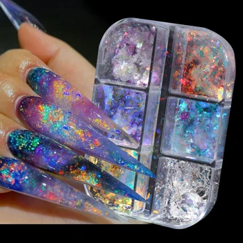 6 Izgaralar Aurora Kadife Glitter Tırnak Takılar Işıltılı Pul Tırnak Sanat Payet Yangın Opal Paillettes Toz Düzensiz Dekorasyon JİXR