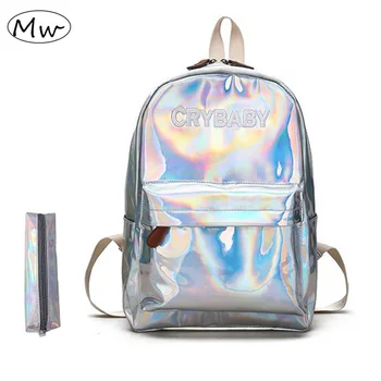 Ay Ahşap Moda Holografik Lazer Sırt çantası Gümüş Pembe İşlemeli Crybaby Harf Hologram Sırt çantası Kızlar Okulu Çanta PU 2019