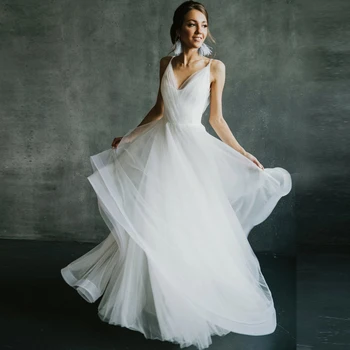 Basit V Yaka Backless düğün elbisesi Boho gelinlik Vestido de Novia Yumuşak Tül A-line gelin kıyafeti Özelleştirilmiş