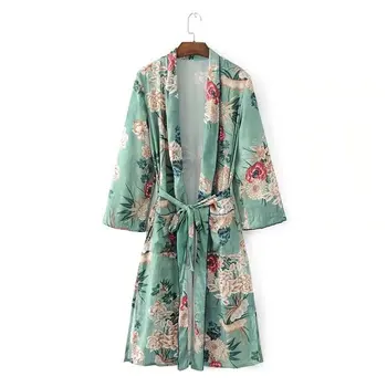 Bohemian Yeşil Çiçek Baskı Kadın Kimono Elbise Gömlek Lacing up Sashes Diz Üstü Hırka Gevşek Bikini Kapak Bluz Tops Plaj