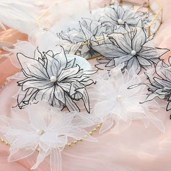 Büyük 3D çiçek organze nakış şifon yama kumaş çiçek headdress dıy malzeme düğün elbisesi aplike dekorasyon