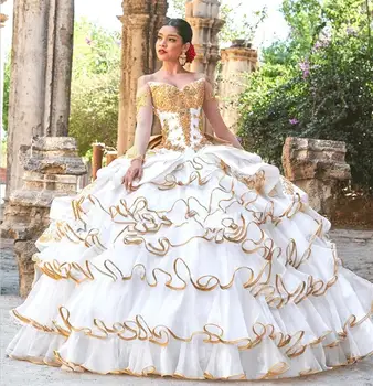 Charro Quinceanera elbise Balo Uzun Kollu Tül Aplikler Meksika Tatlı 16 Elbiseler 15 Anos