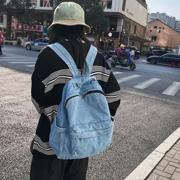 Denim Sırt Çantası Moda Tuval Kadın Sırt Çantaları Büyük kapasiteli omuzdan askili çanta Genç Öğrenci okul çantası Katı Seyahat sırt çantası