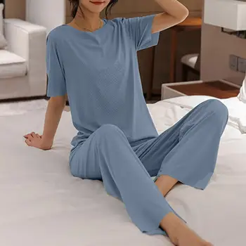Düz Renk İki Parçalı Set Kadın Pijama Takımı Yaz Nefes Kısa Kollu Tişörtleri Üst Pantolon Pijama Kadın Pijama Gecelik
