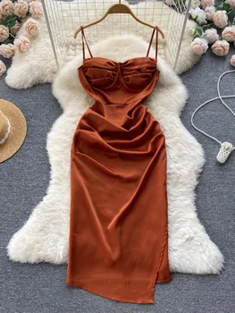 Foamlina Fransız Retro Spagetti kemerli elbise Yaz Zarif Kare Yaka Kolsuz Backless Seksi Akşam Parti Midi Saten Elbise