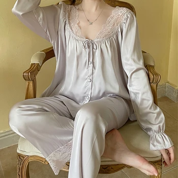 Fransız Tarzı kadın Katı Bahar Sonbahar Pijama Seti Saten Bayanlar Dantel Pijama 2 Parça Pantolon Pijama Takım Elbise Kadın