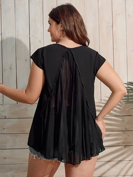 Fınjanı Kadın Yaz Pilili Paneli Yüksek Düşük Bluz Artı Boyutu Siyah O-Boyun Kısa Kollu Rahat bol tişört