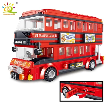 HUIQIBAO OYUNCAKLAR Şehir 398 adet Kırmızı Çift Katlı Otobüs Yapı Taşları Yaratıcı Van Şekil Araç Eğitim Tuğla Çocuklar için hediye