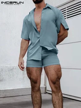 INCERUN Erkekler Rahat Setleri Yaz Tatili Düz Renk Yaka Kısa Kollu Gömlek ve Şort İki Adet Setleri Streetwear 2022 Erkek Takım Elbise