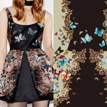 Italyan Lüks Marka Moda %100 % Polyester Kelebek Çiçek Baskı Siyah Kumaş Bez Elbise Metre Dikiş
