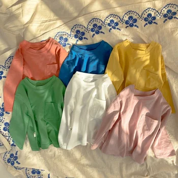 İlkbahar sonbahar çocuk pamuk taban T Shirt erkek ve kız 6 renkler gevşek O-Boyun Tees Çocuklar yumuşak tüm maç Üstleri