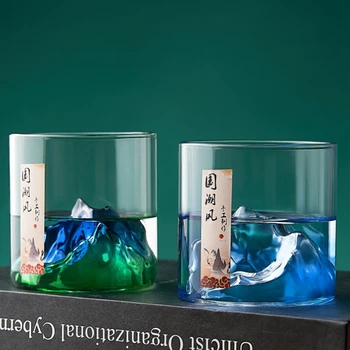 Japon Tarzı viski bardağı Bardak 3D Dağ Viski Kaya Cam Buzul Votka Bardağı şarap kadehi kokteyl bardakları Ahşap Tabanlı