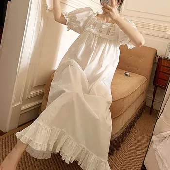 Kadın Beyaz Saf Pamuk Uzun Nightgowns Yaz Kısa Puf Kollu Vintage gece elbisesi Fransız Tarzı Kare Yaka Gevşek Nightie