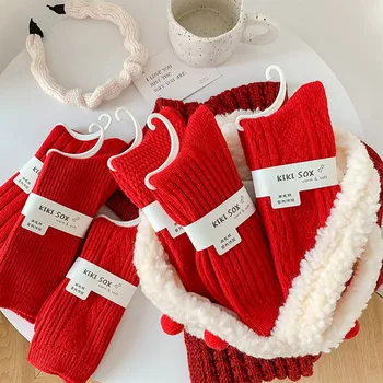 Kadın Çorap Yeni Trend Yıl Kırmızı Çorap Kırmızı Tüp Çorap Kadın Sevimli Düğün Kalın Alt Sıcak Sonbahar Kış Retro Uzun Çorap