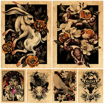 Kafatasları Ve Krizantem Kafatasları Gotik Dekor Cadı Koyu Sanat Baskılar Kalp, Güve, Baykuş, Yılan Ve Bitkiler Retro Büyücülük sanat posterleri
