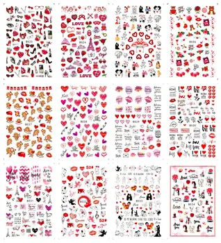Kalp Aşk Tırnak Sticker Kaymak 12 adet / takım Kalp Aşk Tırnak çıkartma Sevgililer Günü Ayı Seni Seviyorum Öpücük 3D Tırnak Sticker Çıkartması