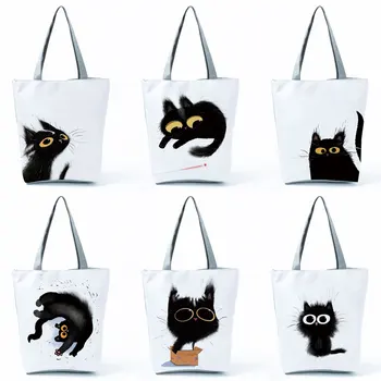 Karikatür Hayvan Siyah Kedi Baskılı Tote Açık Moda Sevimli Çevre Dostu Kadın omuzdan askili çanta Yüksek Kapasiteli Taşınabilir Alışveriş Çantaları