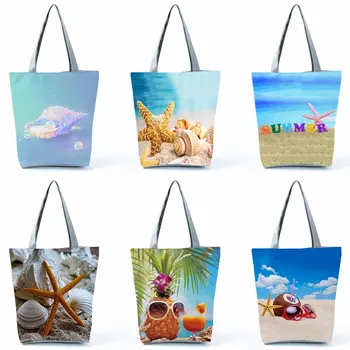 Karikatür Kabuk Denizyıldızı kadın Plaj omuz çantaları Rahat Yüksek Kapasiteli Katlanabilir Çanta Kullanımlık Eko Alışveriş Tote Özelleştirilmiş
