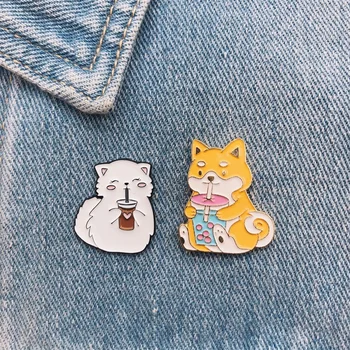 karikatür sevimli tatlı hayvan emaye broş kedi köpek içme suyu aşk pin alaşım rozeti kadın giysi çantası takı hediye arkadaşlar için