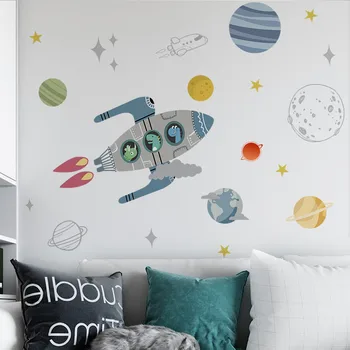 Karikatür Uzay Roket duvar çıkartmaları PVC Duvar Çıkartmaları DIY Çocuk Yatak Odası Dekoratif Çocuk Odaları Kreş Duvar Dekor Ev Dekorasyon