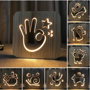 LED Yaratıcı USB Gece Lambası Ahşap Köpek Paw Kedi Kurt Başkanı Hayvan Lamba Yenilik Çocuk Yatak Odası 3D Dekorasyon Masa Lambası Çocuk Gif