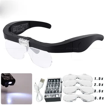Led ışık Gözlük 1.5 X 2.5 X 3.5 X 5.0 X Büyüteç Gözlük Büyüteç USB Şarj Edilebilir Okuma Kuyumcular Saatçi Onarım Giyen