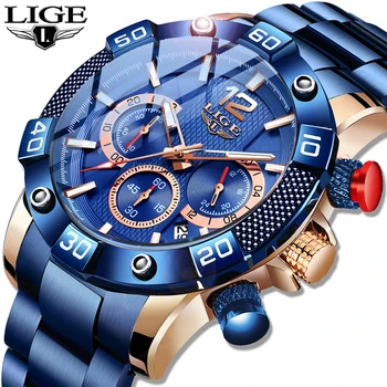 LIGE 2021 Yeni Moda Mavi Erkek Saatler Top Marka Lüks Saat Spor Chronograph Su Geçirmez quartz saat Relogio Masculino