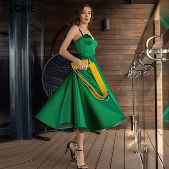 LORIE 2021 Yeşil Kısa Akşam Parti Elbise Saten Sevgiliye Spagetti Sapanlar Balo Abiye Çay Boyu Mezuniyet Elbiseleri Artı Boyutu