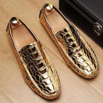 Lüks Erkek Altın günlük makosen ayakkabı Trend Kayma Erkek Gümüş Flats Sürüş Zapatos Timsah Desen Eğlence Ayakkabı ERRFC