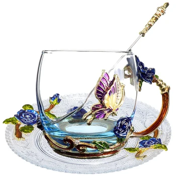 Mavi Gül Emaye Kristal Bardak çiçek çayı Cam Yüksek dereceli Cam Su Bardağı Çiçek Kupa Grip Bölümü ile Sevgilisi İçin Mükemmel Hediye Düğün
