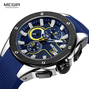 MEGIR erkek Spor Chronograph kuvars saatler Silikon Kayış Aydınlık Su Geçirmez Ordu Askeri Kol Saati Adam Relogios 2053 Mavi