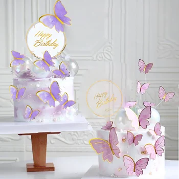 Mutlu Doğum Günü Pastası Topper Dekorasyon Pembe Mor Kelebek Kek Topper Seti Düğün Parti Bebek Duş Pişirme Malzemeleri Aşk Hediye
