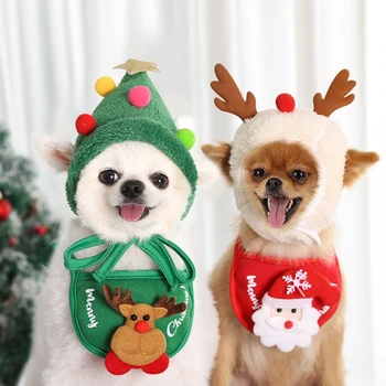 Noel Sevimli Pet Köpek Kedi Giysileri Aksesuarları Önlükler Yavru Santa Kırmızı Eşarp Şapka Kafa Komik Noel Pet Kostüm
