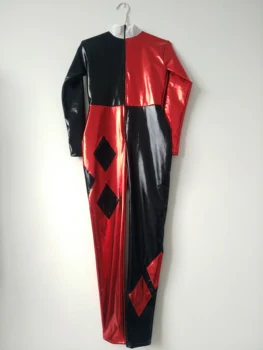 Palyaço kostümleri kırmızı ve Siyah renk kadın Seksi parlak Metalik Zentai Catsuit Moda Eğlenceli tulumlar ön fermuar