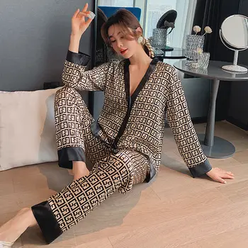 Pijama kadın Xia Bing ipek seksi v yaka takım elbise ilkbahar ve sonbahar uzun kollu iki parçalı ev giyim
