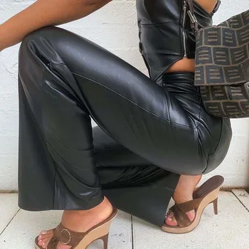 Rahat Traf Trouse Sahte PU Deri Yüksek Bel Kargo pantolon Kadın Streetwear Vintage Siyah Düz Pantolon Mujer Bahar 2022